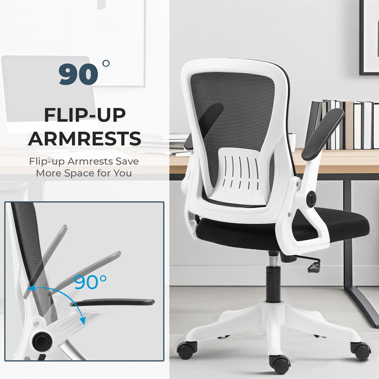 Ergonomic Office Chair with Flip-Up Armrests & Lumbar Support – Adjustable Swivel Desk Chair with Padded Seat, Mesh Back, and Rolling Wheels for Home or Office Use
