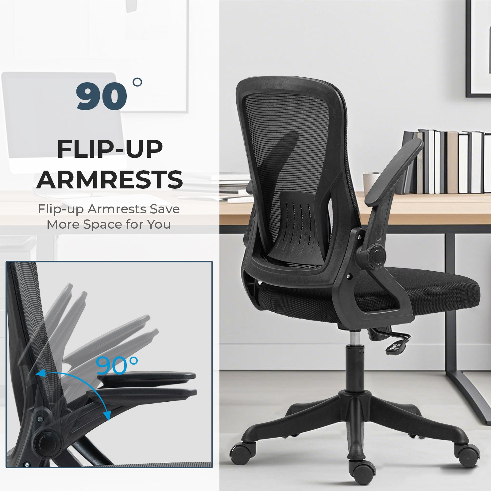 Ergonomic Office Chair with Flip-Up Armrests & Lumbar Support – Adjustable Swivel Desk Chair with Padded Seat, Mesh Back, and Rolling Wheels for Home or Office Use