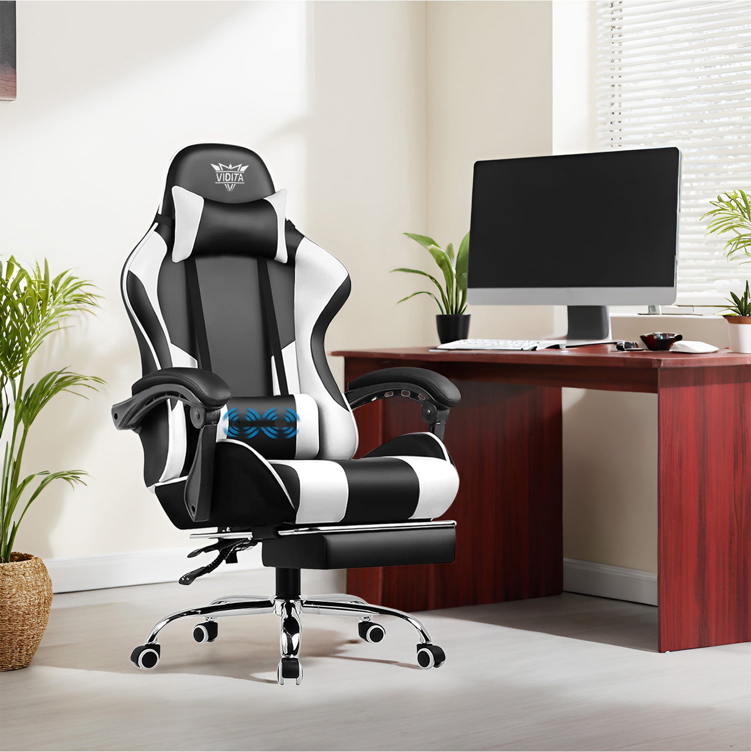Ergonomic Gaming Chair with Footrest & Lumbar Pillow โ Adjustable Height & PU Leather Comfort