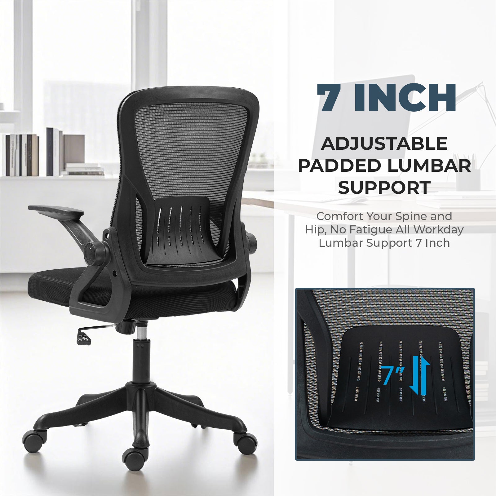 Ergonomic Office Chair with Flip-Up Armrests & Lumbar Support – Adjustable Swivel Desk Chair with Padded Seat, Mesh Back, and Rolling Wheels for Home or Office Use