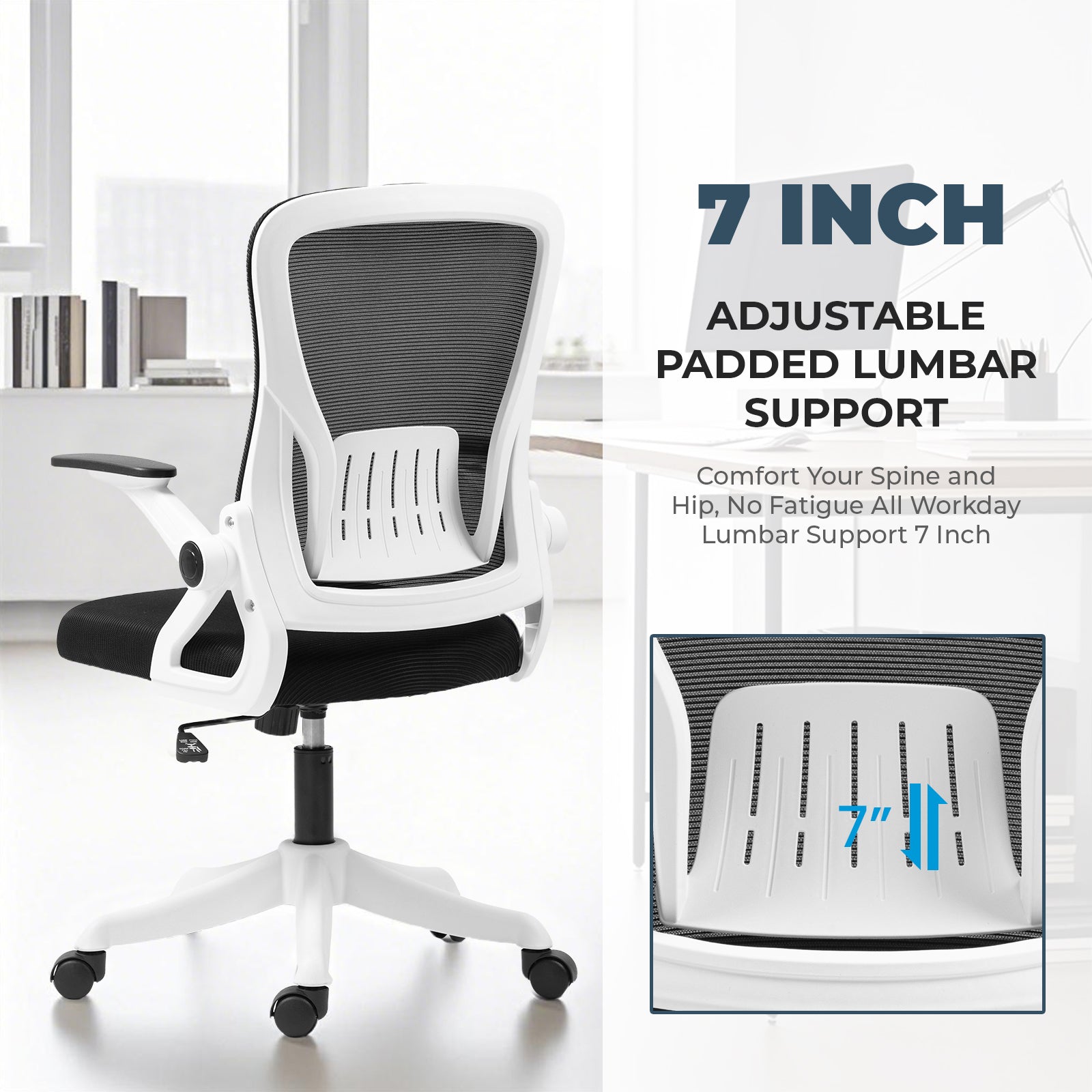 Ergonomic Office Chair with Flip-Up Armrests & Lumbar Support – Adjustable Swivel Desk Chair with Padded Seat, Mesh Back, and Rolling Wheels for Home or Office Use