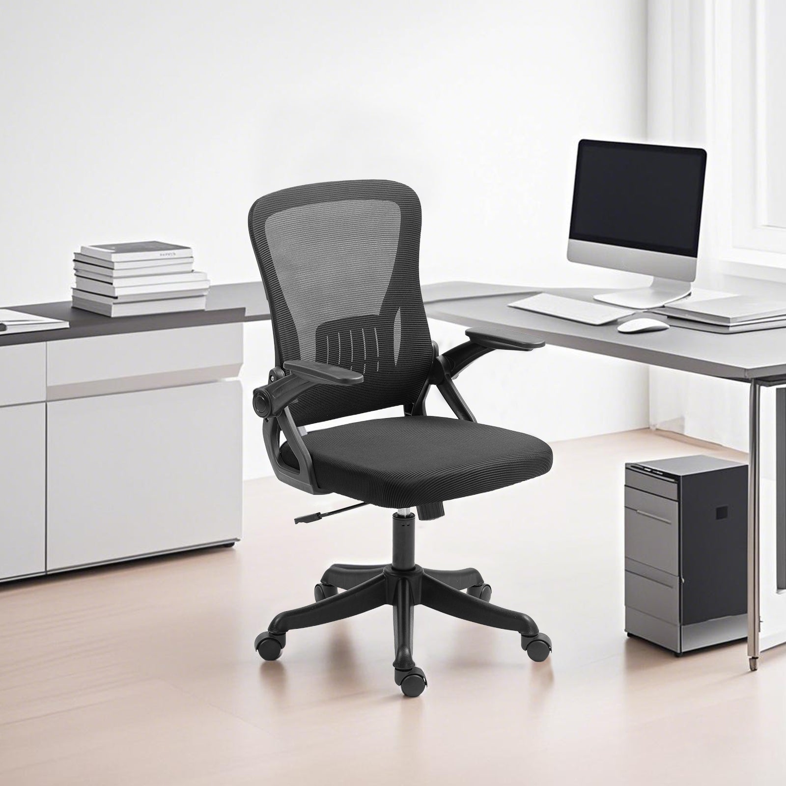 Ergonomic Office Chair with Flip-Up Armrests & Lumbar Support – Adjustable Swivel Desk Chair with Padded Seat, Mesh Back, and Rolling Wheels for Home or Office Use