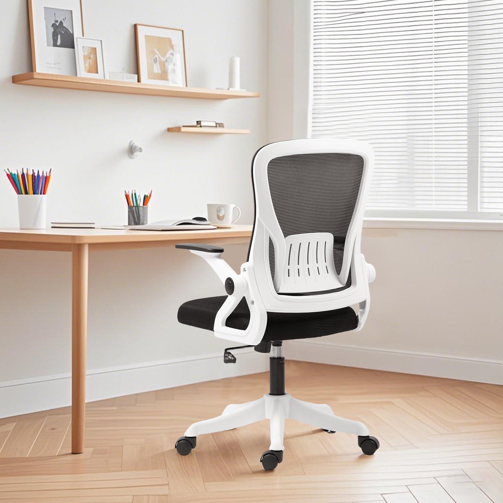Ergonomic Office Chair with Flip-Up Armrests & Lumbar Support – Adjustable Swivel Desk Chair with Padded Seat, Mesh Back, and Rolling Wheels for Home or Office Use