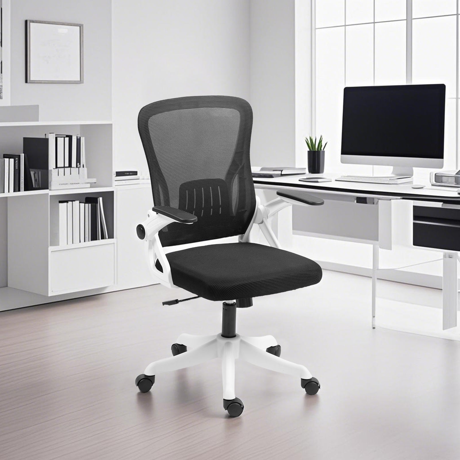 Ergonomic Office Chair with Flip-Up Armrests & Lumbar Support – Adjustable Swivel Desk Chair with Padded Seat, Mesh Back, and Rolling Wheels for Home or Office Use