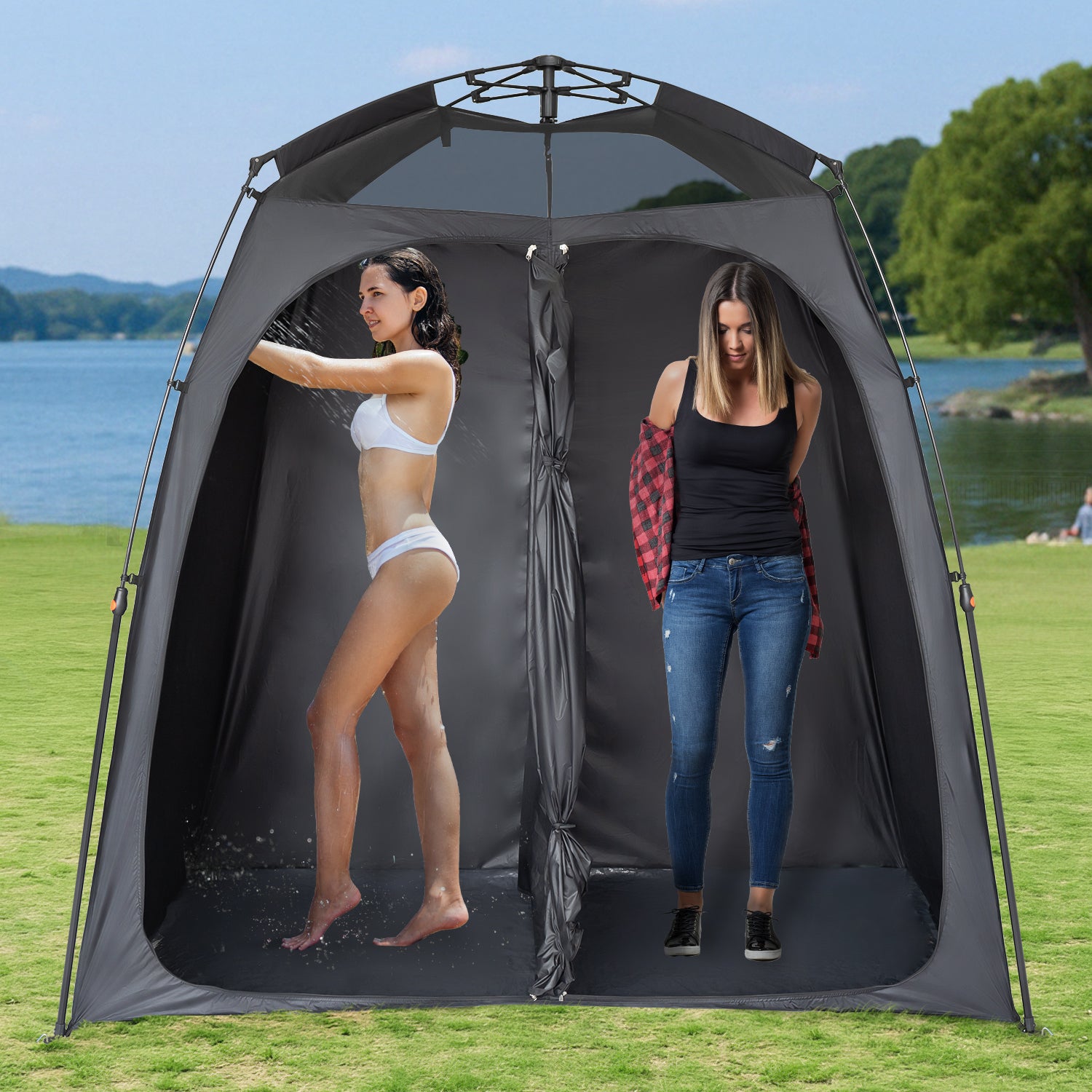 EighteenTek Shower Tent Camping, 2-Room Portable Changing Room, Outdoor Shower Enclosure, Pop Up Privacy Tent Shelter with Floor & Doors, Waterproof & Lightweight, Camping Toilet Bathroom
