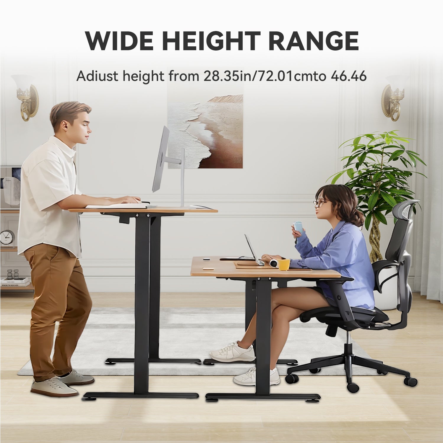 Electric Standing Desk 55in-63in – Height Adjustable Sit Stand Desk with Splice Board, Black Frame & Rustic Brown Top for Home Office