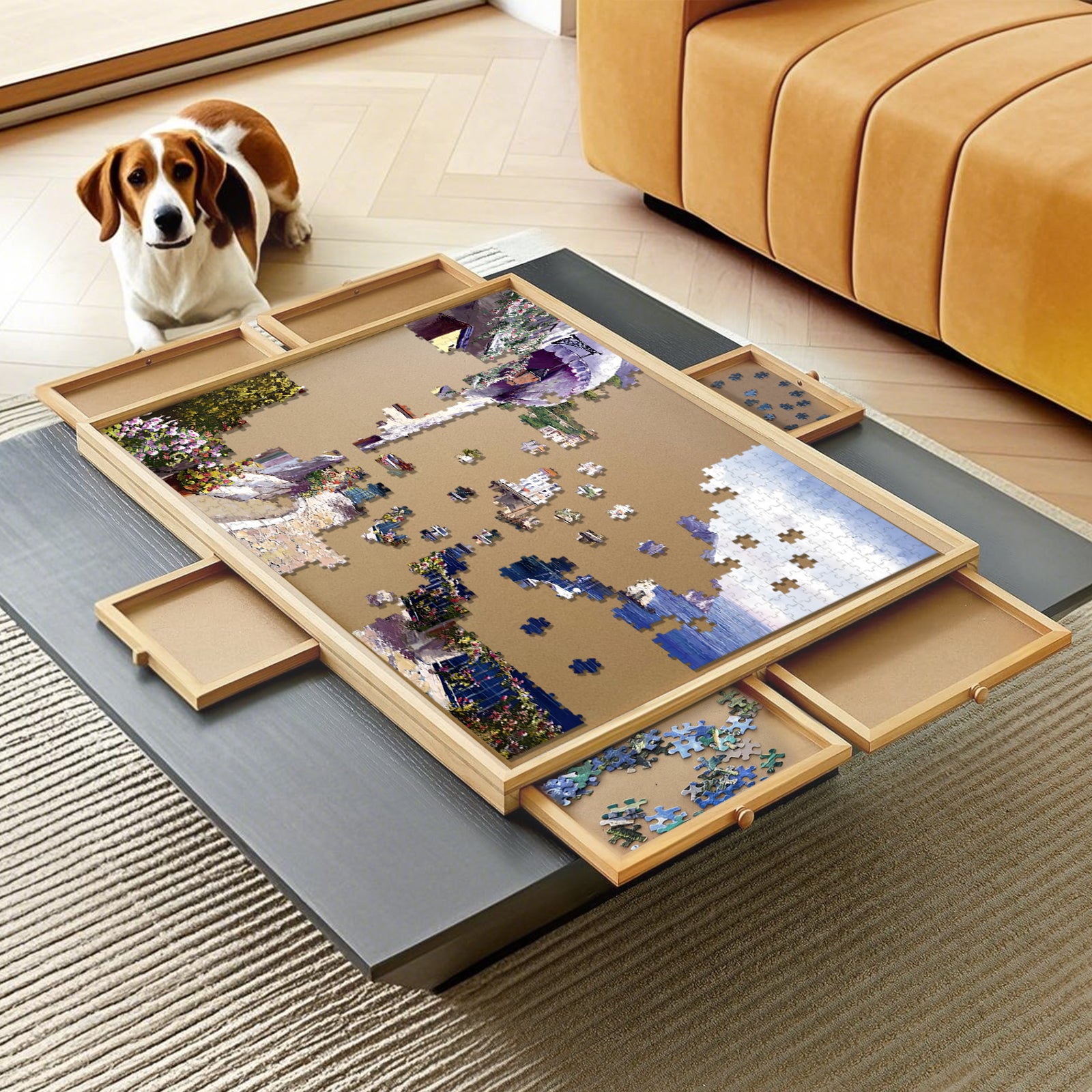 Puzzle Locker 1500 Piece Puzzle Table with 6 Drawers and Cover – Portable Wooden Jigsaw Board for 14 years old and Adults, 27" x 35" Puzzle Organizer Tray