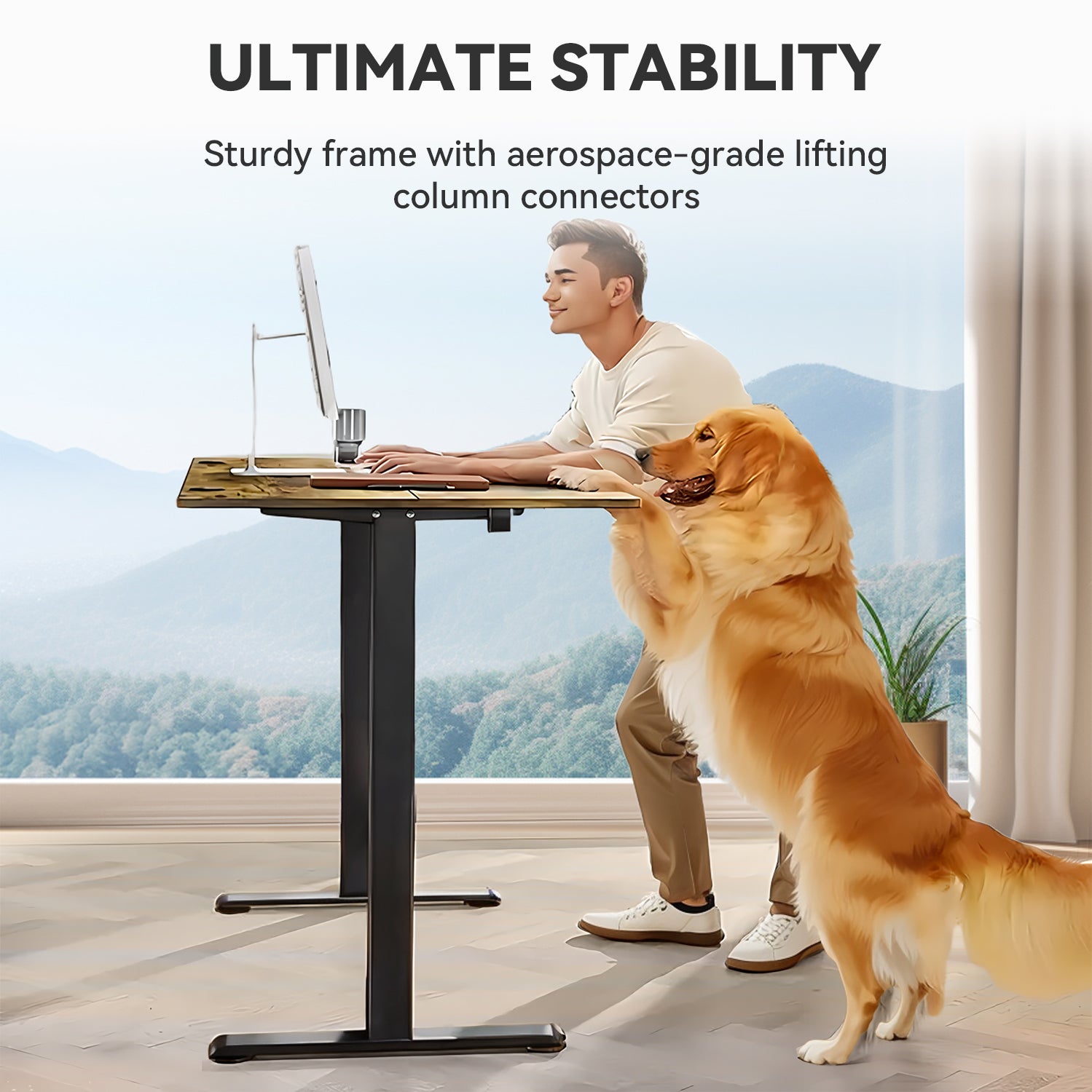 Electric Standing Desk 55in-63in – Height Adjustable Sit Stand Desk with Splice Board, Black Frame & Rustic Brown Top for Home Office