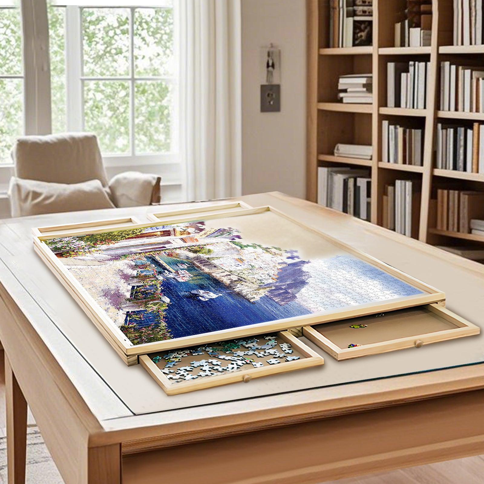 Puzzle Locker 1500 Piece Puzzle Table with 6 Drawers and Cover – Portable Wooden Jigsaw Board for 14 years old and Adults, 27" x 35" Puzzle Organizer Tray