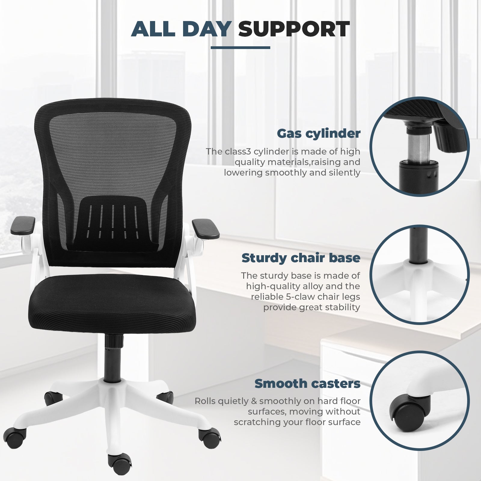 Ergonomic Office Chair with Flip-Up Armrests & Lumbar Support – Adjustable Swivel Desk Chair with Padded Seat, Mesh Back, and Rolling Wheels for Home or Office Use