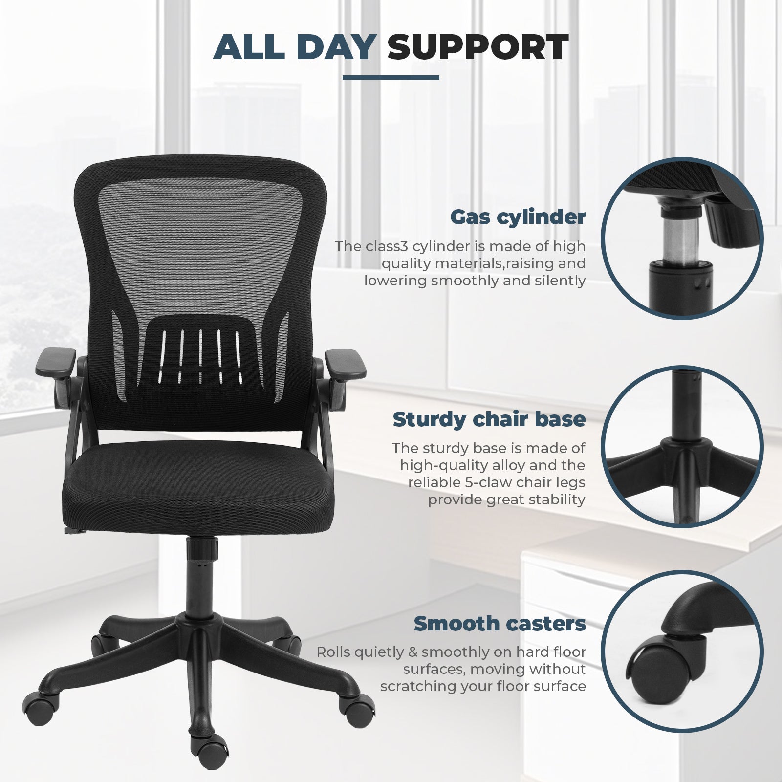 Ergonomic Office Chair with Flip-Up Armrests & Lumbar Support – Adjustable Swivel Desk Chair with Padded Seat, Mesh Back, and Rolling Wheels for Home or Office Use