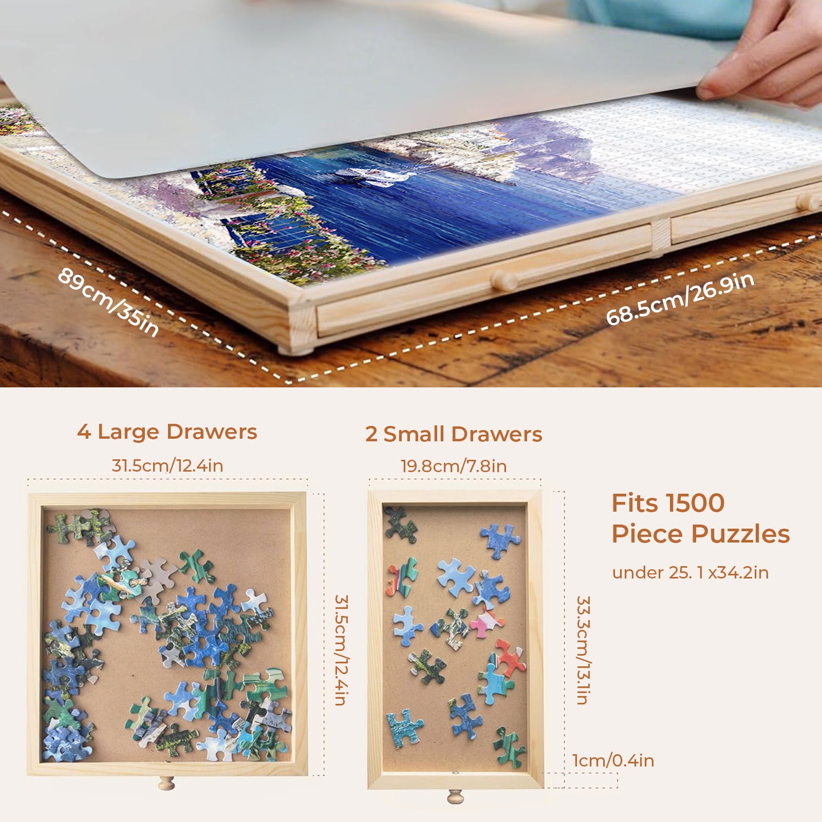 Puzzle Locker 1500 Piece Puzzle Table with 6 Drawers and Cover – Portable Wooden Jigsaw Board for 14 years old and Adults, 27" x 35" Puzzle Organizer Tray