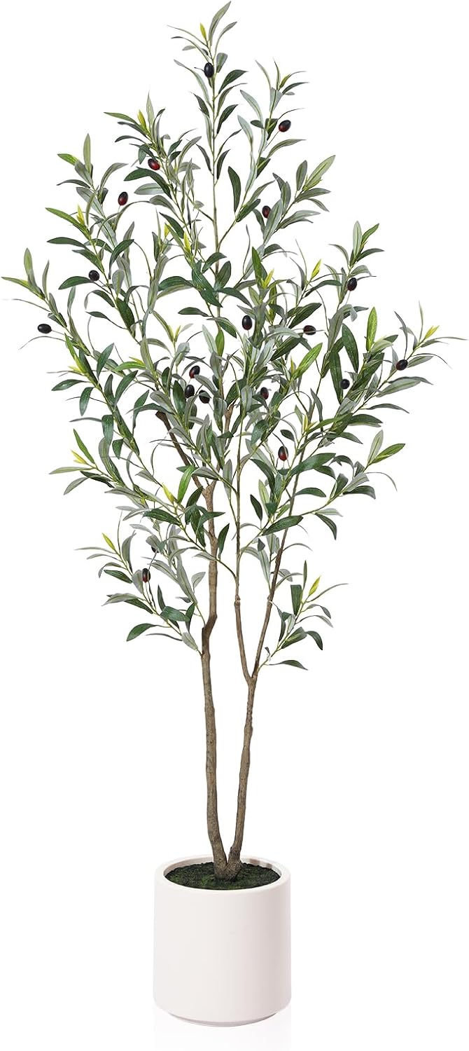 5FT/6FT Faux Olive Tree with Pot โ Artificial Indoor Plant with Wood Branches & Fruit for Home Decor