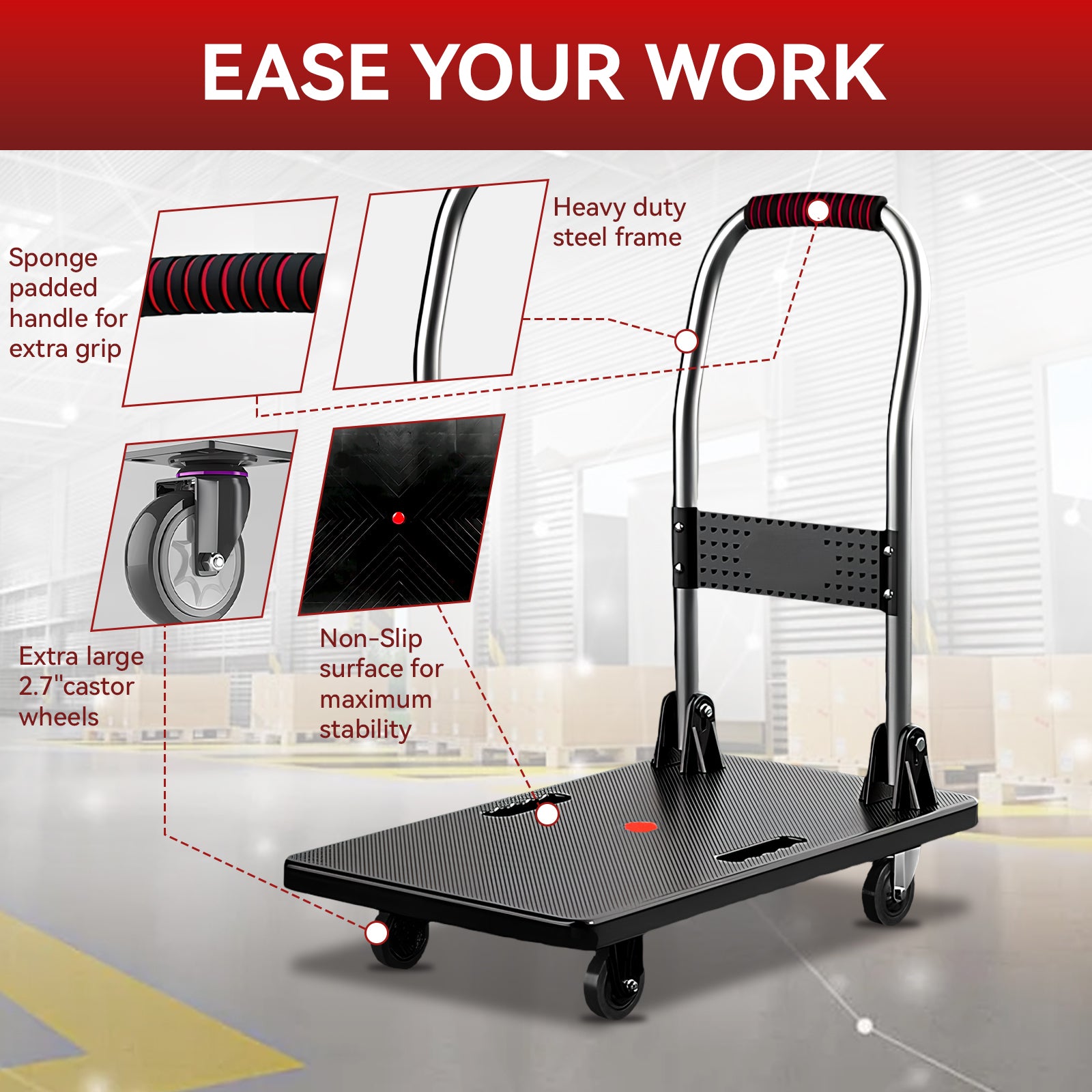 Folding Platform Truck Cart 200LBS/1000LBS – Heavy Duty Push Dolly with Swivel Wheels, Foldable Handle