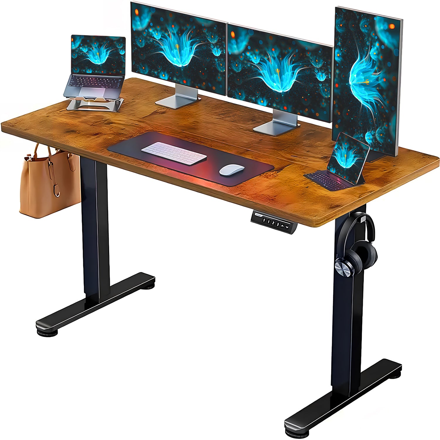 Electric Standing Desk 55in-63in – Height Adjustable Sit Stand Desk with Splice Board, Black Frame & Rustic Brown Top for Home Office