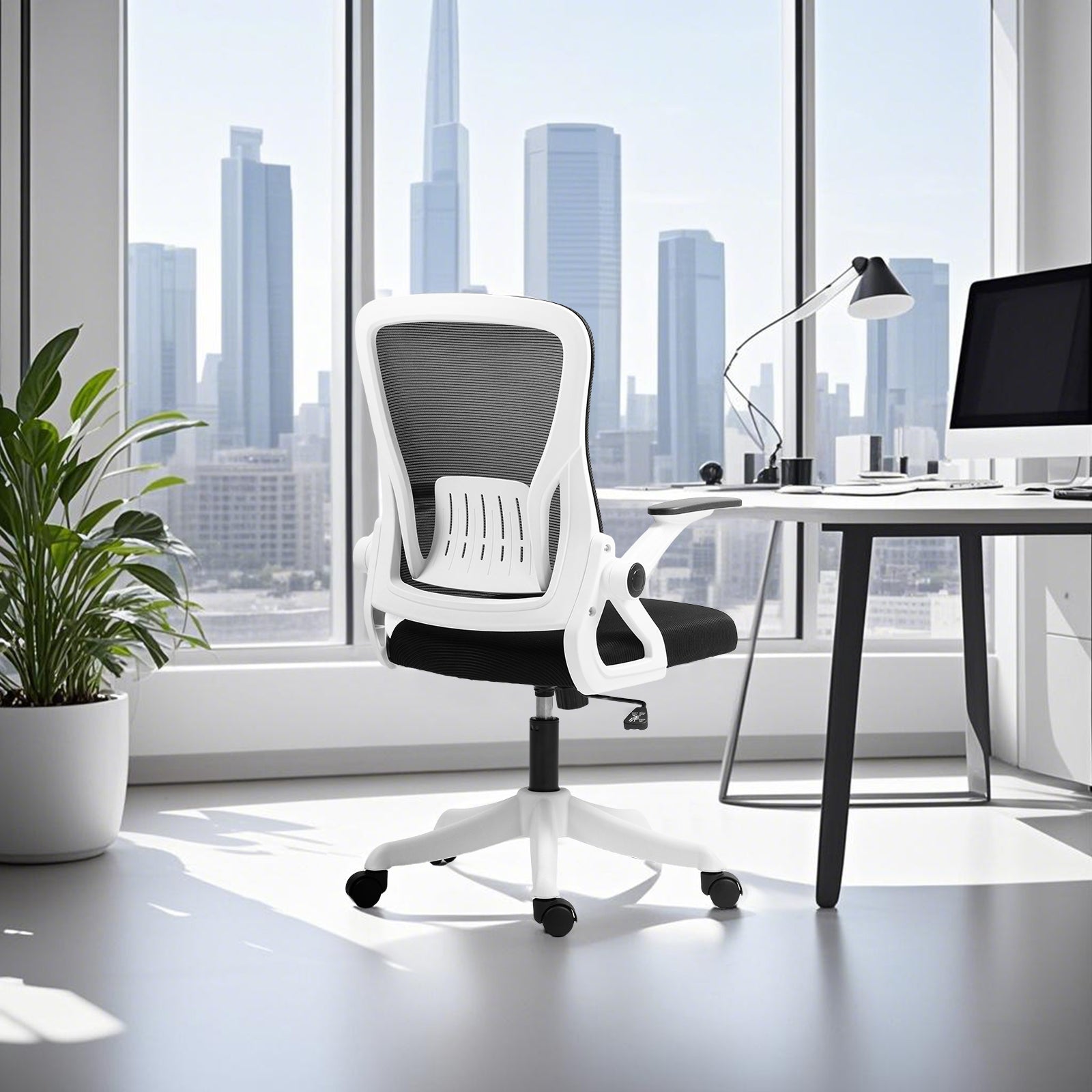 Ergonomic Office Chair with Flip-Up Armrests & Lumbar Support – Adjustable Swivel Desk Chair with Padded Seat, Mesh Back, and Rolling Wheels for Home or Office Use