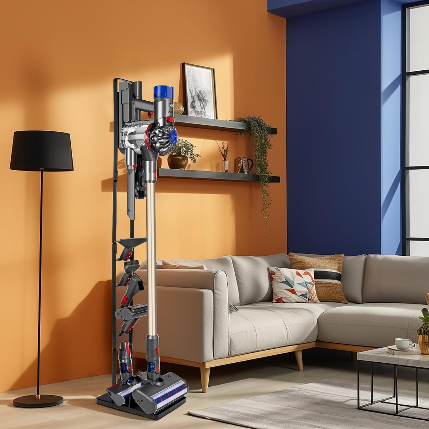 Cordless Vacuum Stand with Clamp & Accessory Hooks – Heavy Metal Base (V6–V15 Compatible)