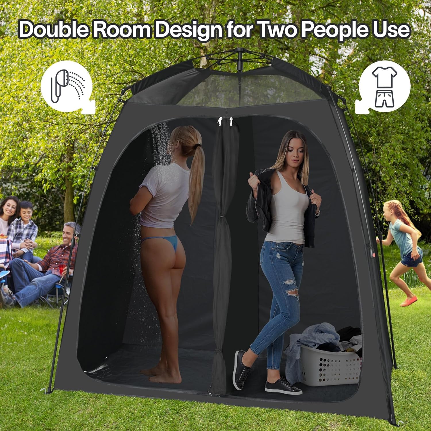 EighteenTek Shower Tent Camping, 2-Room Portable Changing Room, Outdoor Shower Enclosure, Pop Up Privacy Tent Shelter with Floor & Doors, Waterproof & Lightweight, Camping Toilet Bathroom