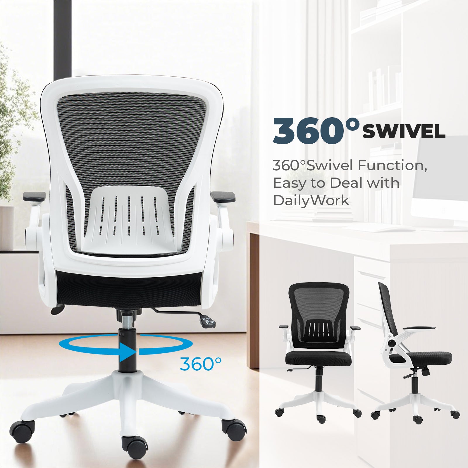 Ergonomic Office Chair with Flip-Up Armrests & Lumbar Support – Adjustable Swivel Desk Chair with Padded Seat, Mesh Back, and Rolling Wheels for Home or Office Use