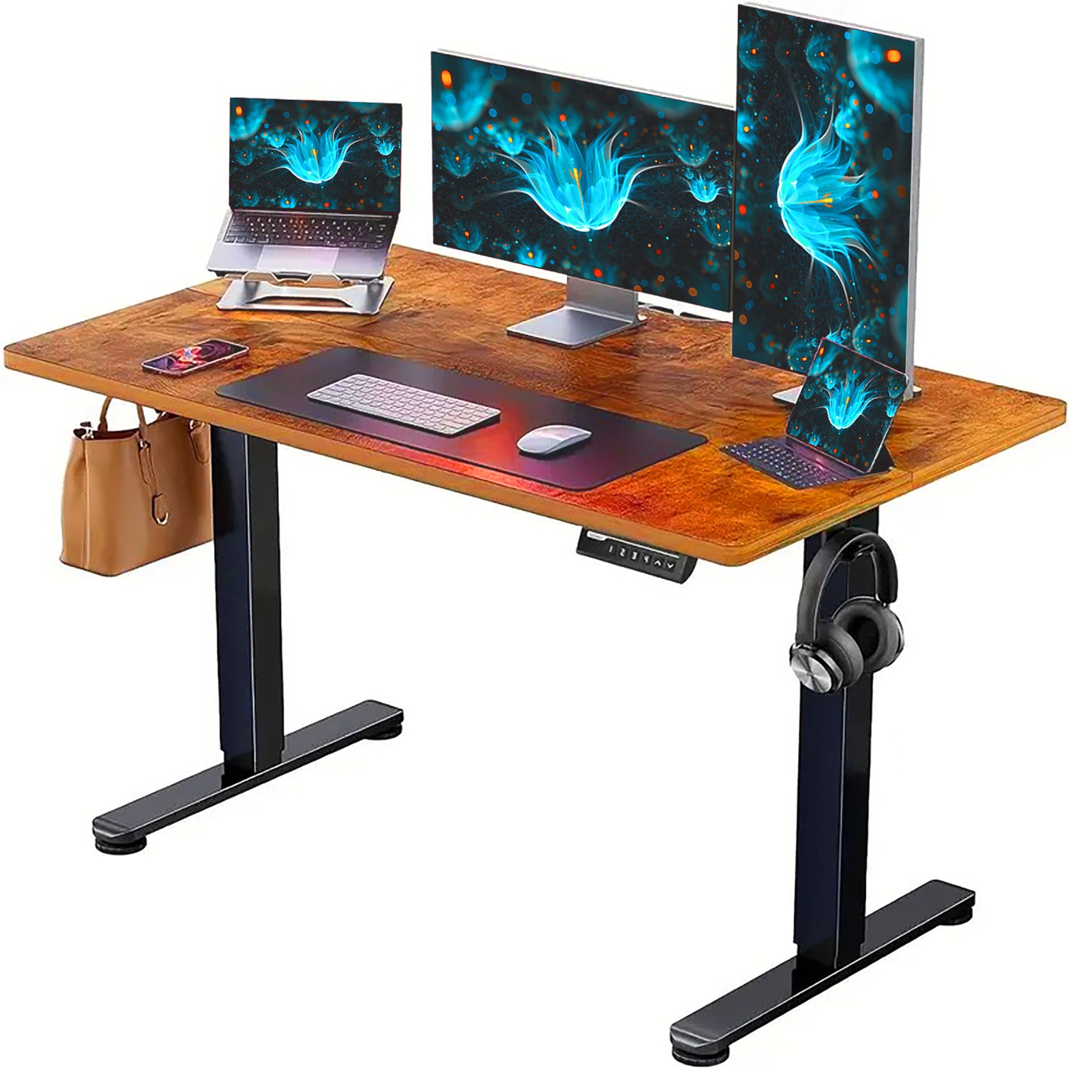 Electric Standing Desk 55in-63in – Height Adjustable Sit Stand Desk with Splice Board, Black Frame & Rustic Brown Top for Home Office