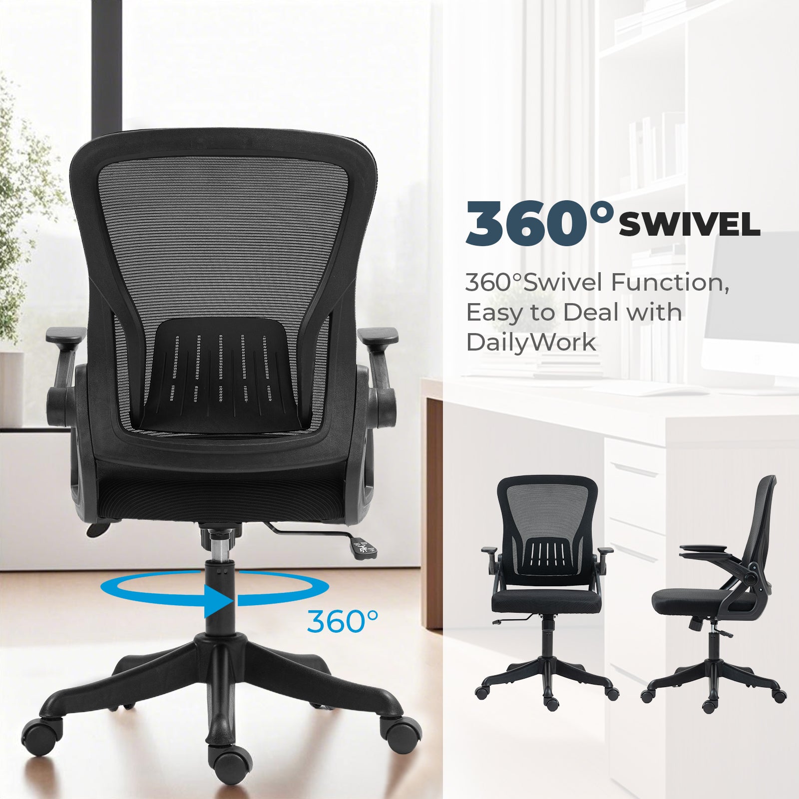 Ergonomic Office Chair with Flip-Up Armrests & Lumbar Support – Adjustable Swivel Desk Chair with Padded Seat, Mesh Back, and Rolling Wheels for Home or Office Use