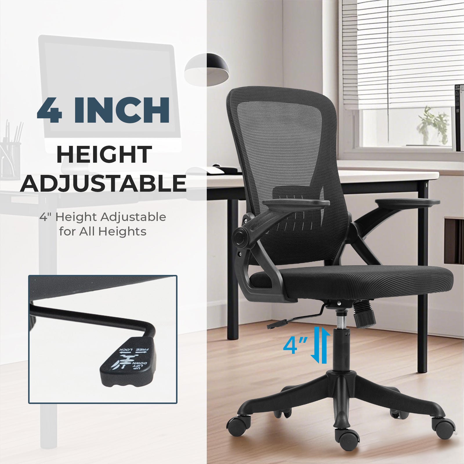 Ergonomic Office Chair with Flip-Up Armrests & Lumbar Support – Adjustable Swivel Desk Chair with Padded Seat, Mesh Back, and Rolling Wheels for Home or Office Use