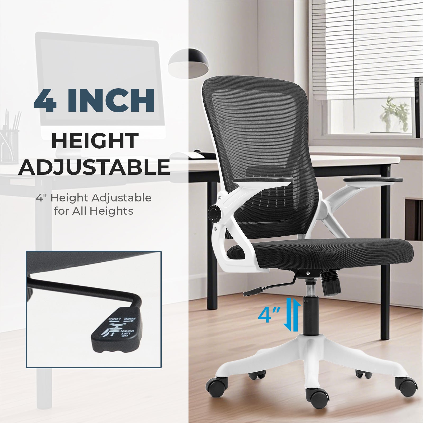 Ergonomic Office Chair with Flip-Up Armrests & Lumbar Support – Adjustable Swivel Desk Chair with Padded Seat, Mesh Back, and Rolling Wheels for Home or Office Use