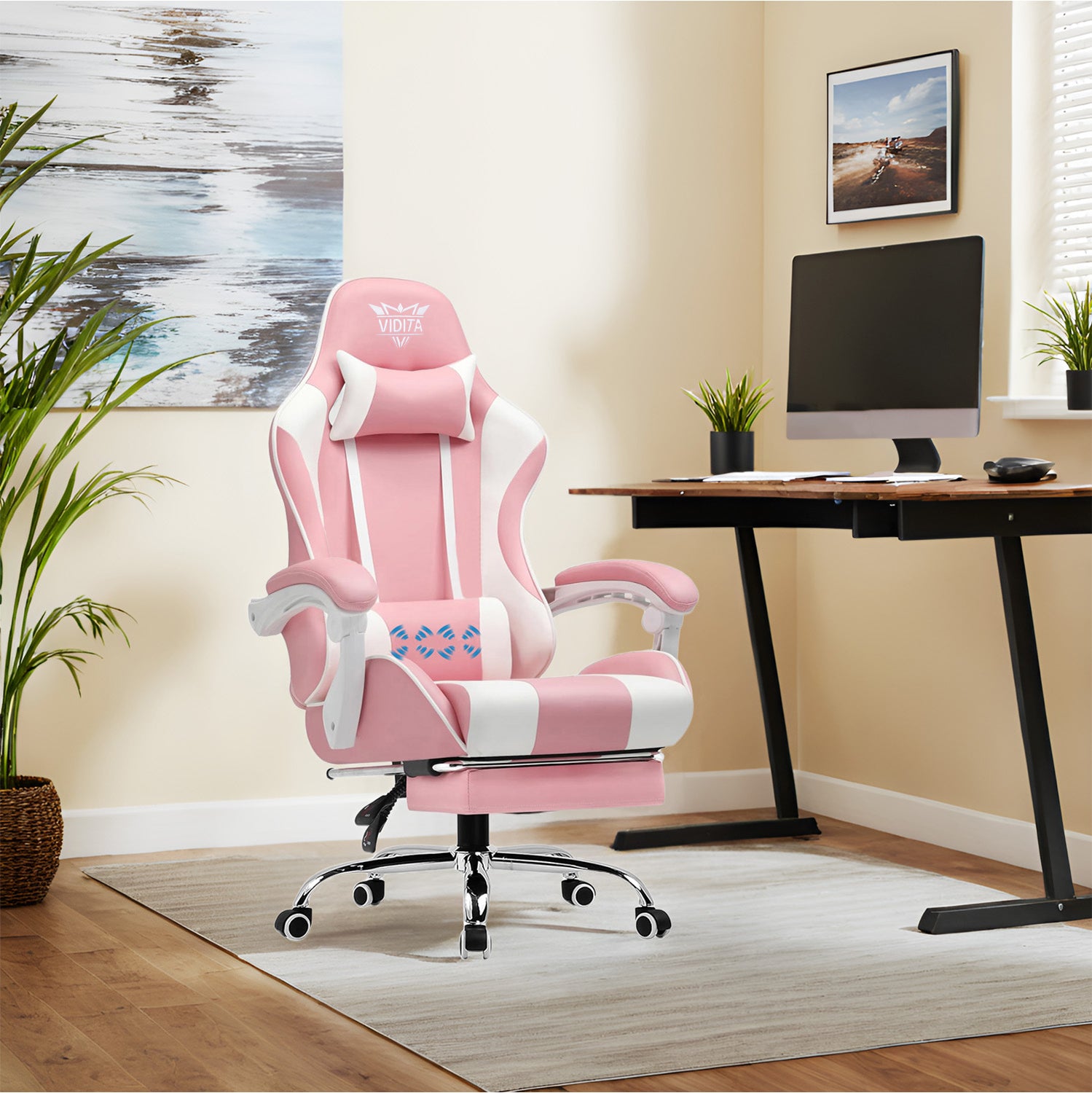 Ergonomic Gaming Chair with Footrest & Lumbar Pillow โ Adjustable Height & PU Leather Comfort