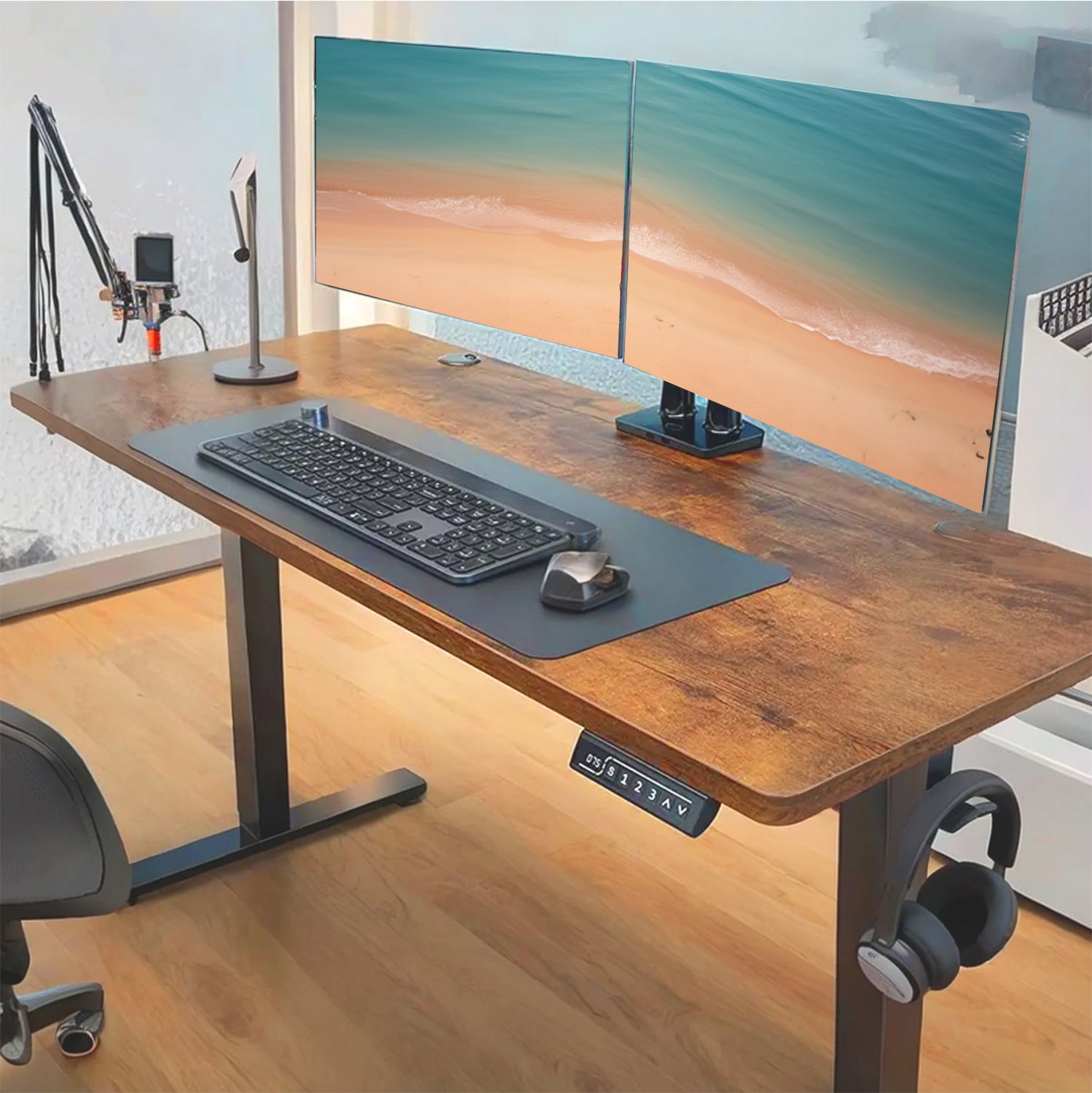 Electric Standing Desk 55in-63in – Height Adjustable Sit Stand Desk with Splice Board, Black Frame & Rustic Brown Top for Home Office