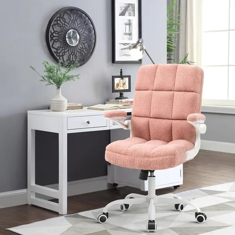 Pink Faux Fur Ergonomic Desk Chair with Lumbar Support & Flip-up Arms