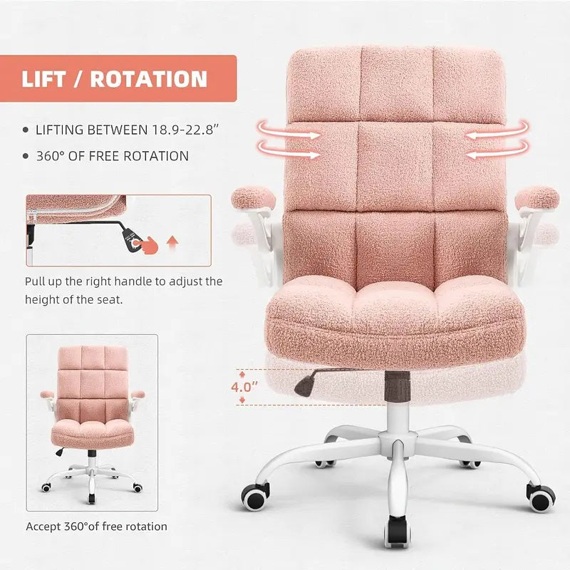 Pink Faux Fur Ergonomic Desk Chair with Lumbar Support & Flip-up Arms