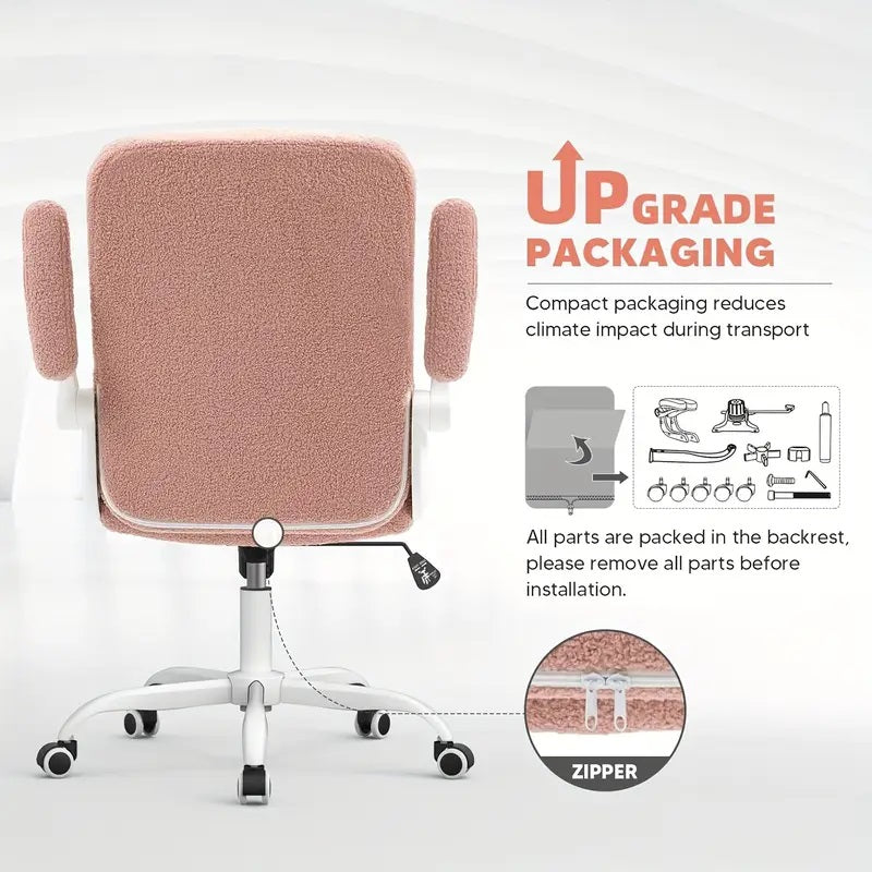 Pink Faux Fur Ergonomic Desk Chair with Lumbar Support & Flip-up Arms