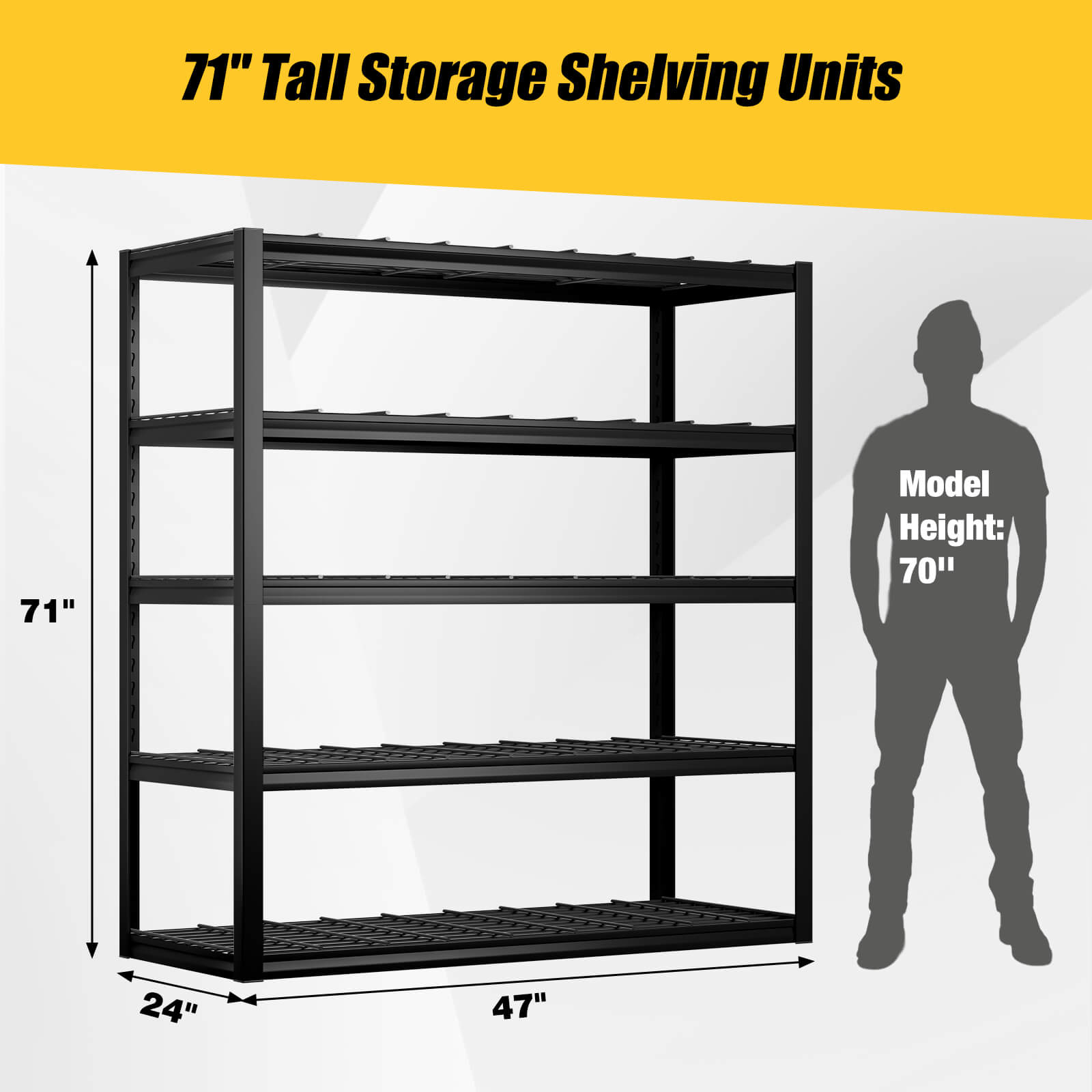 Heavy Duty Garage Shelving Unit – 3000LBS Capacity, 5-Tier Adjustable Metal Storage Rack (71"H x 47"W x 24"D)